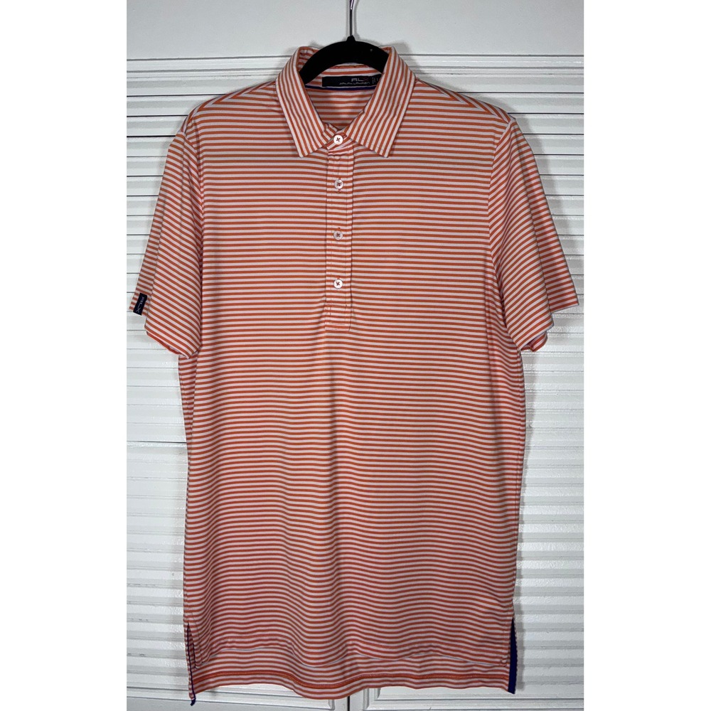 RLX Ralph Lauren Mens Small Orange White Striped Short Sleeve Golf Polo Shirt
